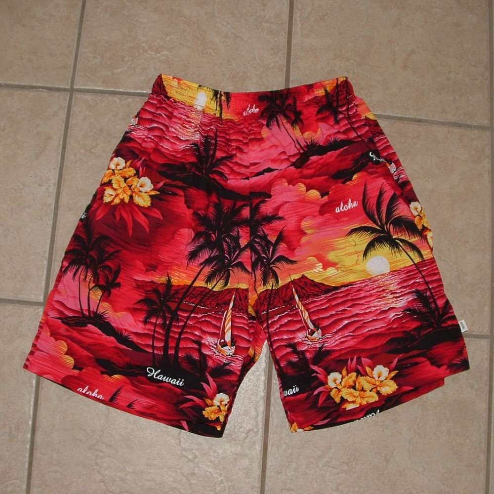 Mens Sz Small Elastic Waist Hawaiian Print Elastic Waist Short Side Pockets